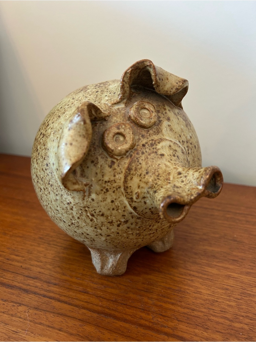 Vintage Speckled Ceramic Handmade Piggy Bank Pig Figurine Home Decor